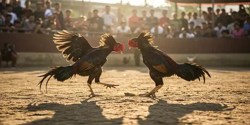Hình ảnh trận đá gà đòn truyền thống thể hiện tinh thần thượng võ và bản sắc văn hóa